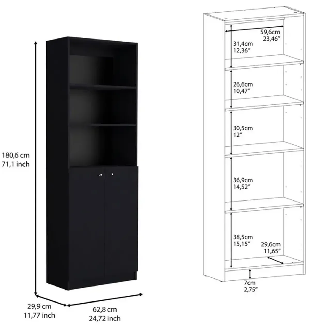 Vinton 2-Door Bookcase with Upper Shelves, Black