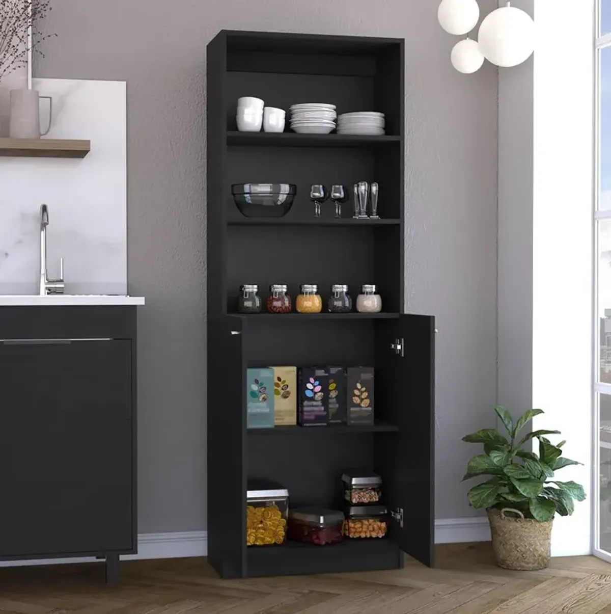 Vinton 2-Door Bookcase with Upper Shelves, Black