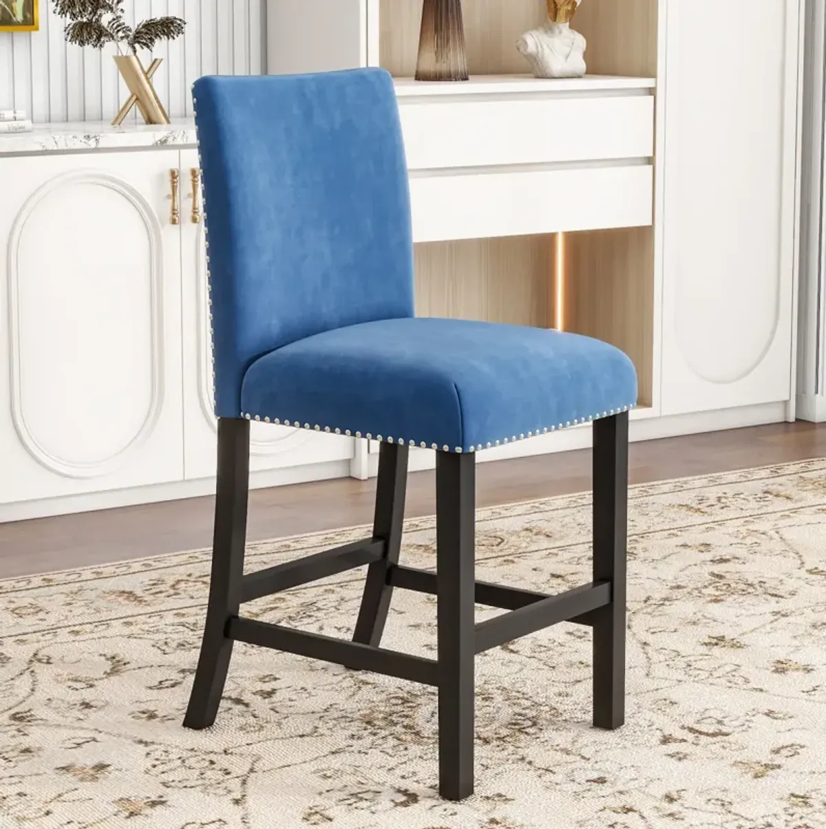 5-Piece Counter Height Dining Table Set - Blue Velvet Chairs