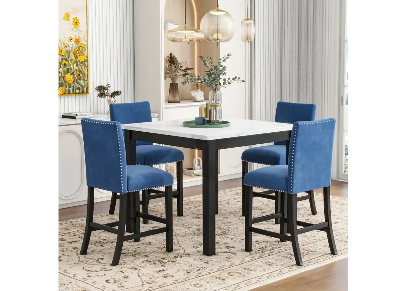 5-Piece Counter Height Dining Table Set - Blue Velvet Chairs