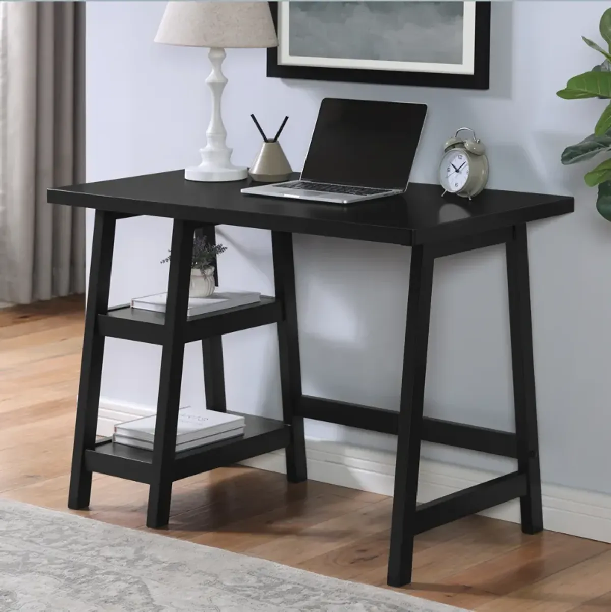 Contemporary Wood Writing Desk with Storage, Black