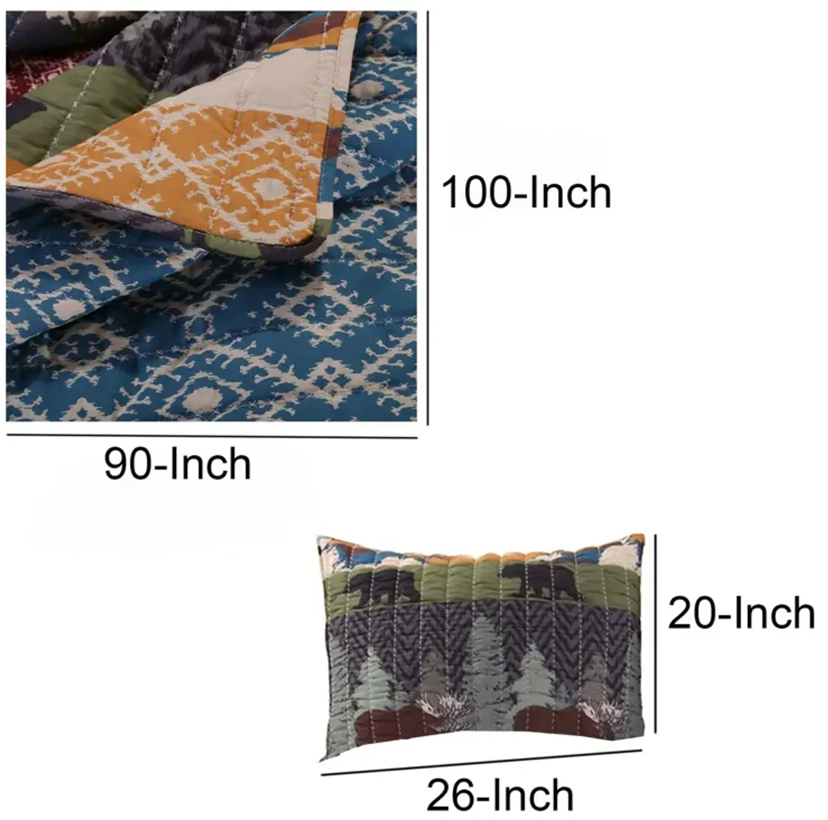 3 Piece King Size Quilt Set with Nature Inspired Print, Multicolor - Benzara