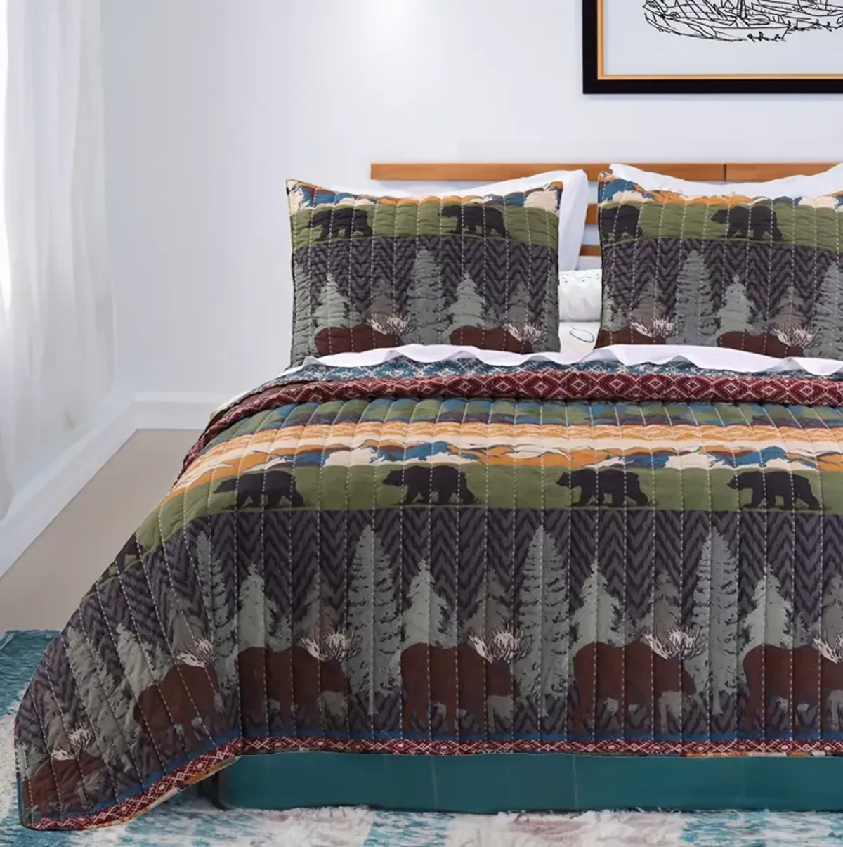 3 Piece King Size Quilt Set with Nature Inspired Print, Multicolor - Benzara