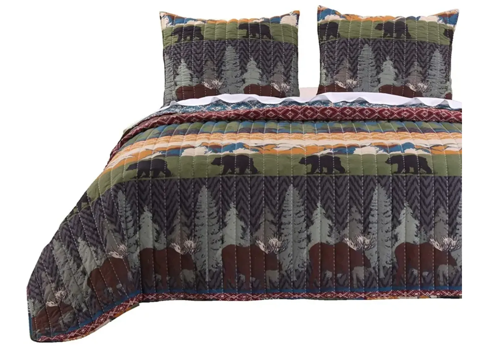 3 Piece King Size Quilt Set with Nature Inspired Print, Multicolor - Benzara