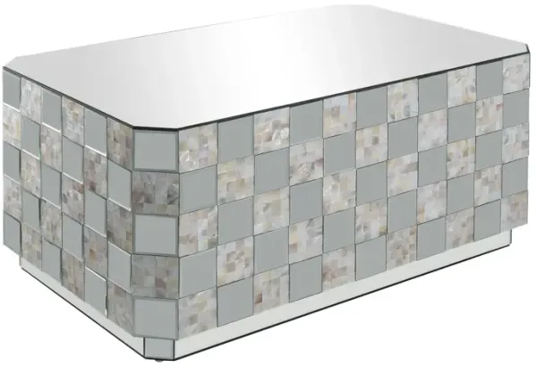 Wooden Coffee Table with Checkered Pattern Mirror Insets, Silver-Benzara