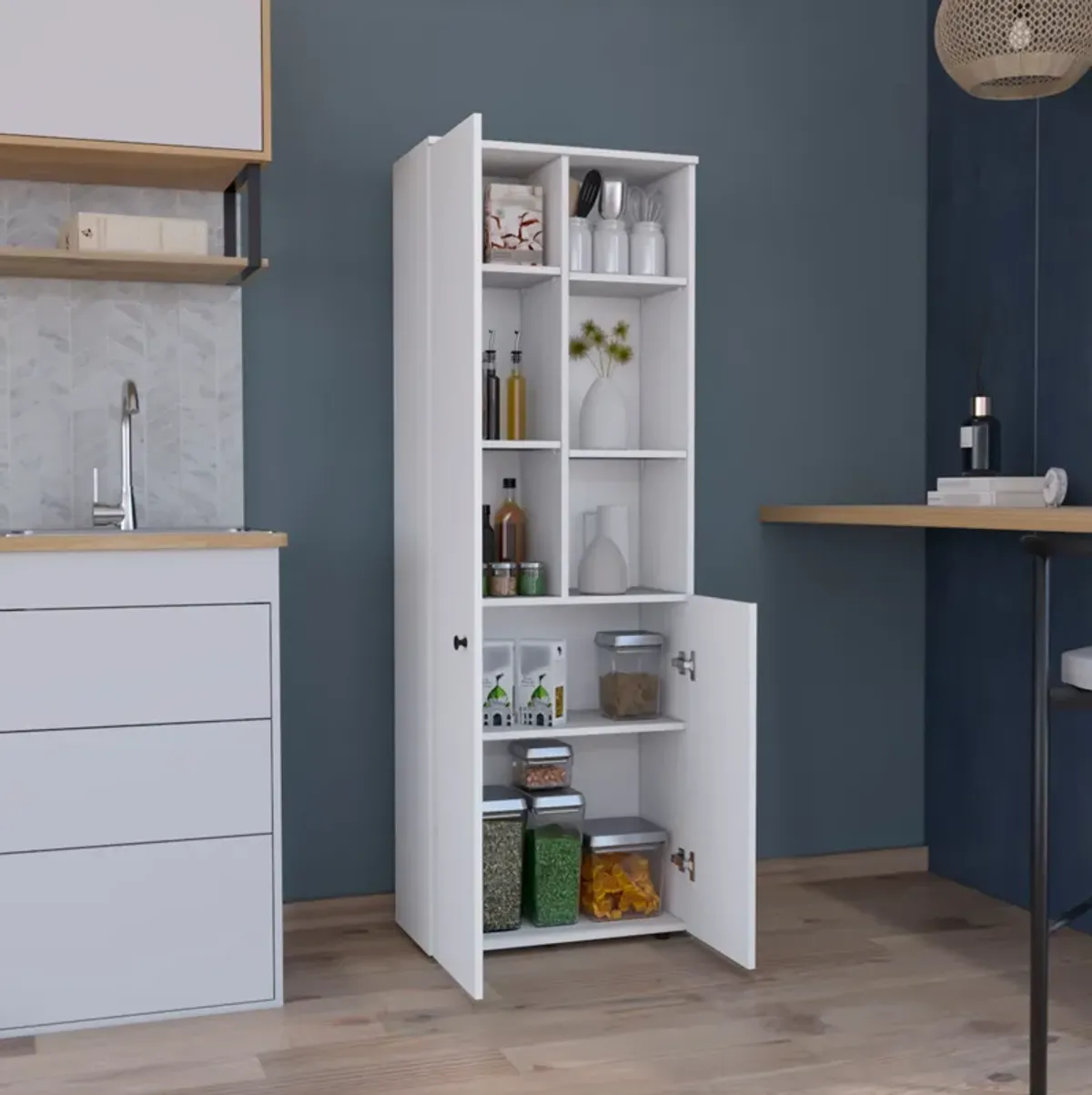 Konik 67-Inch High Storage Cabinet Kitchen Pantry With Three Doors and and Three Exterior Shelves