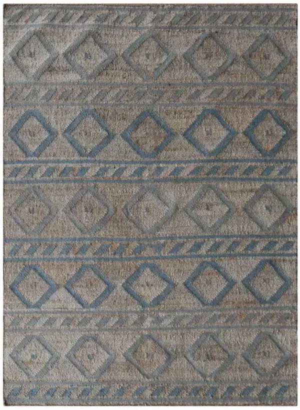 HAND WOVEN FLAT WEAVE KILIM JUTE ECO-FRIENDLY Geometric AREA RUGS - 8'x10', Rectangle Light Brown Light Blue Color, Geometric, High Pile, Natural Fiber, Outdoor Indoor Handmade Area Rugs (J00088)