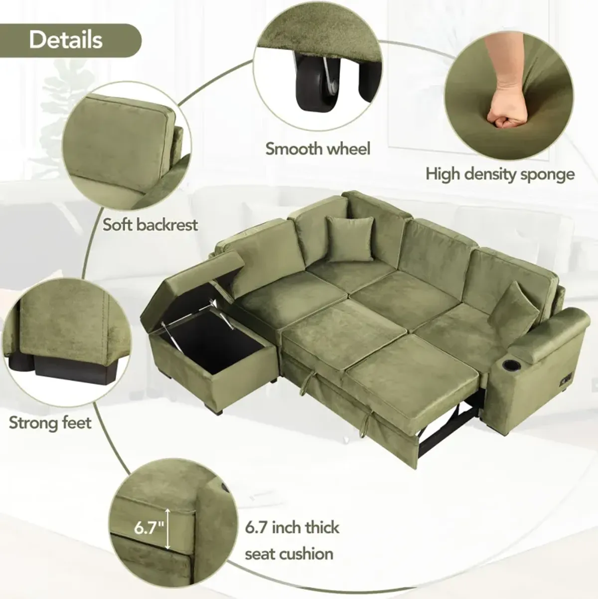 Convertible L-Shaped Sleeper Sofa with Storage Ottoman