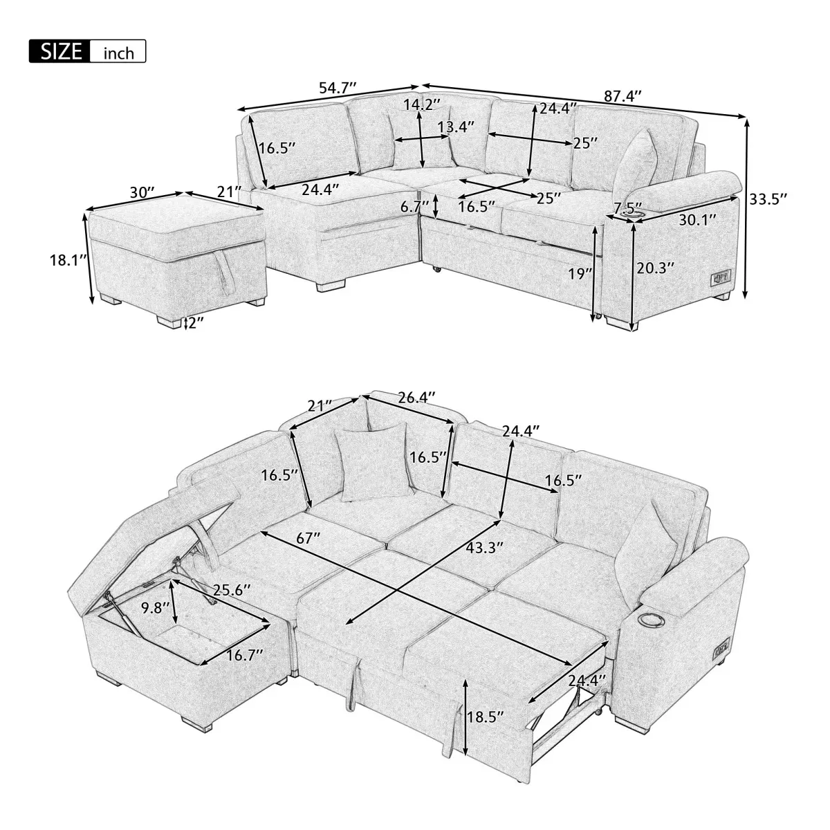 Convertible L-Shaped Sleeper Sofa with Storage Ottoman