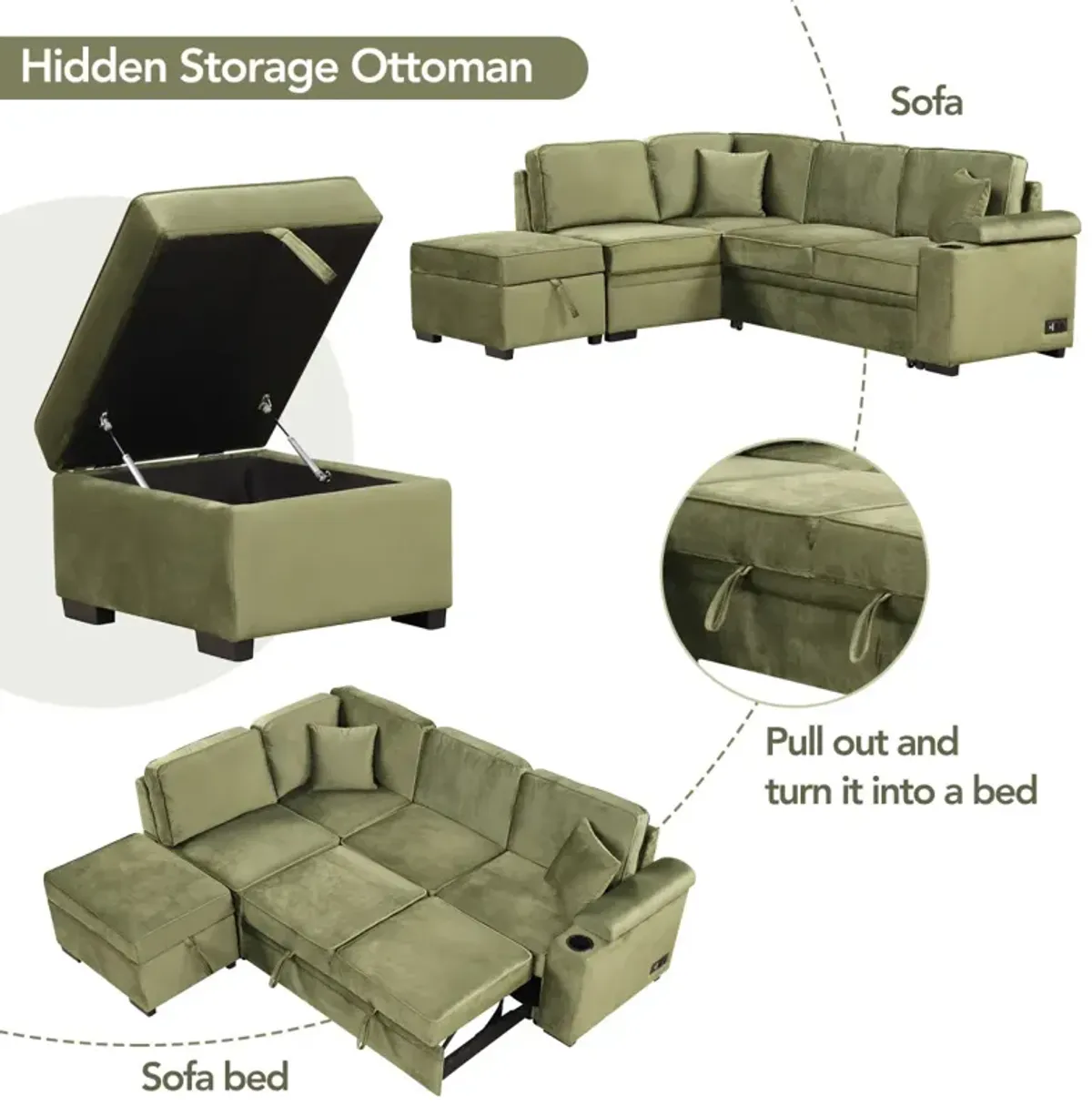 Convertible L-Shaped Sleeper Sofa with Storage Ottoman