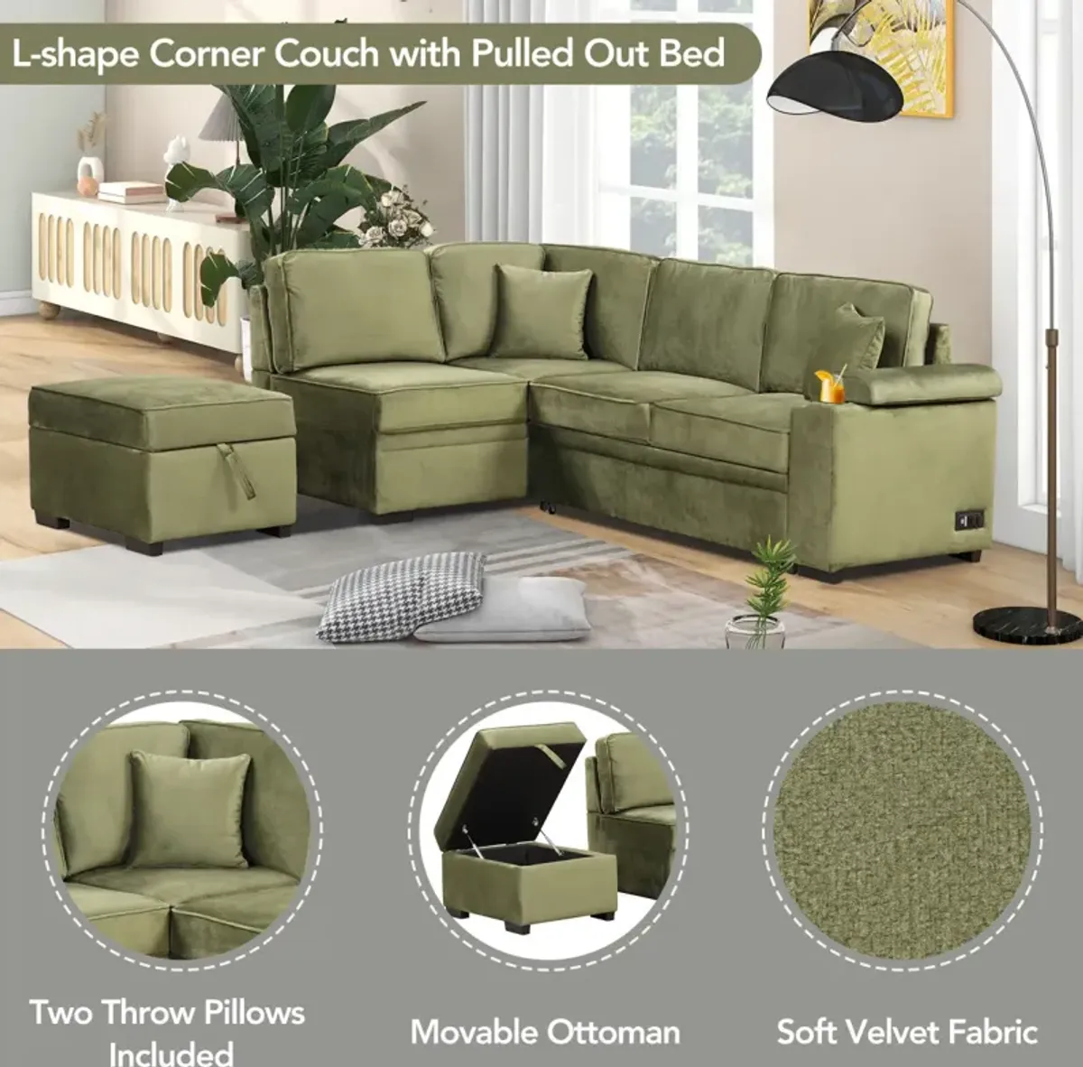 Convertible L-Shaped Sleeper Sofa with Storage Ottoman