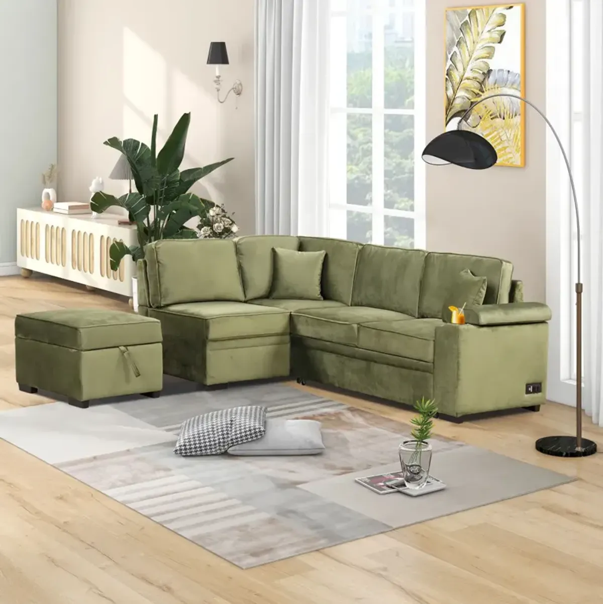 Convertible L-Shaped Sleeper Sofa with Storage Ottoman