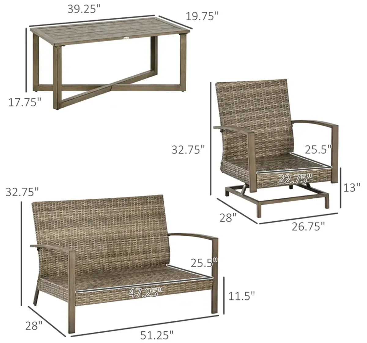 Rattan Patio Ensemble: 4pc Set with Rocking Chair, Loveseat & Table