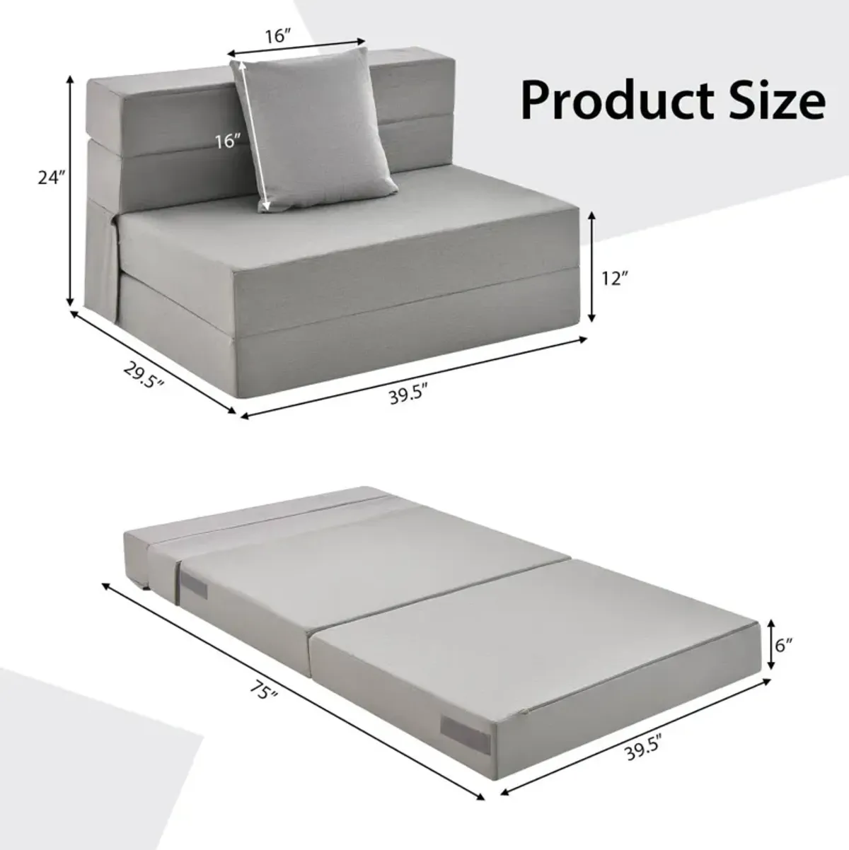 6 Inch Tri-fold Sofa Bed Folding Mattress with Pillow