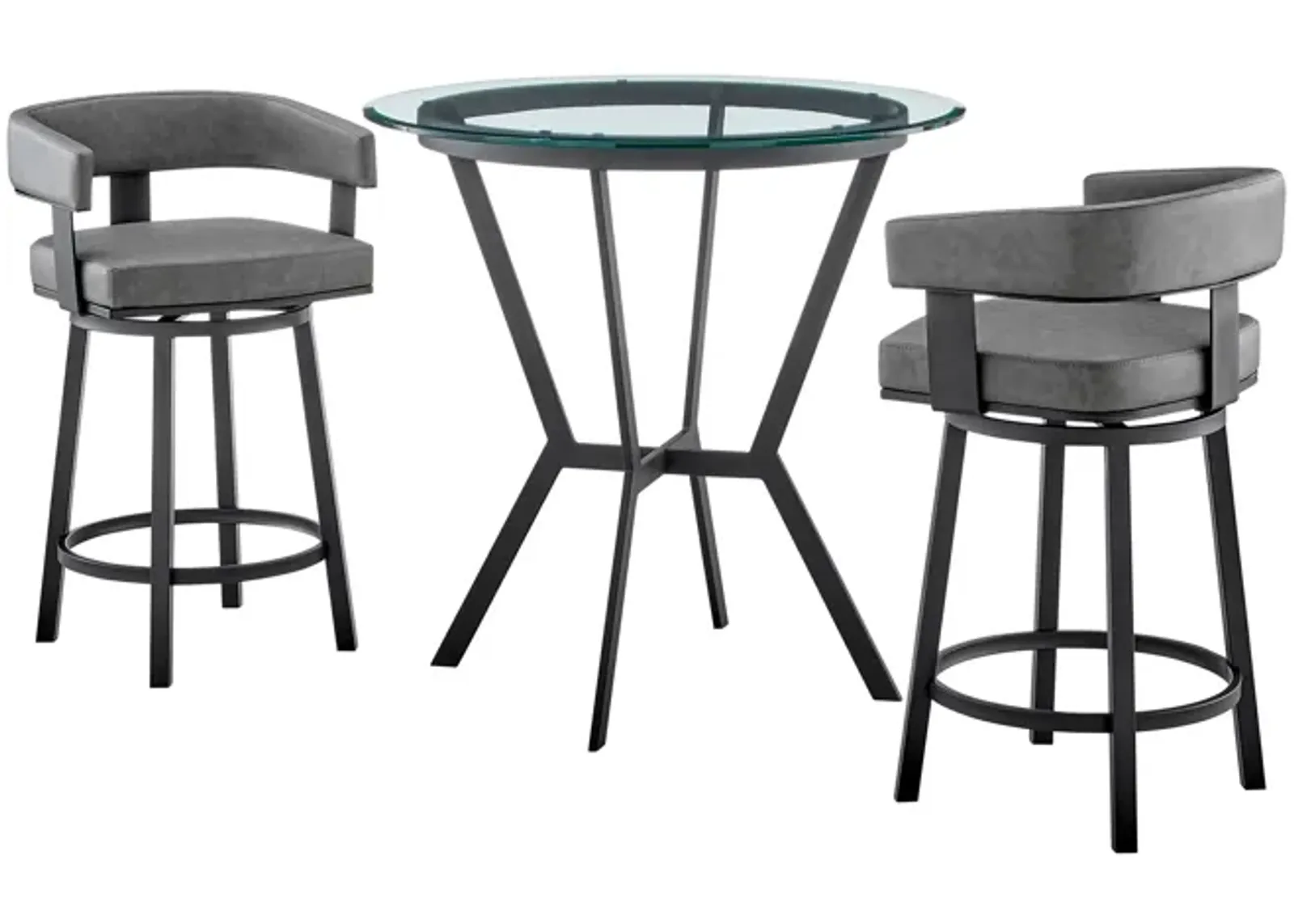 Aliya 3 Piece Counter Height Round Bar Dining Set, Black, Gray Leather - Benzara