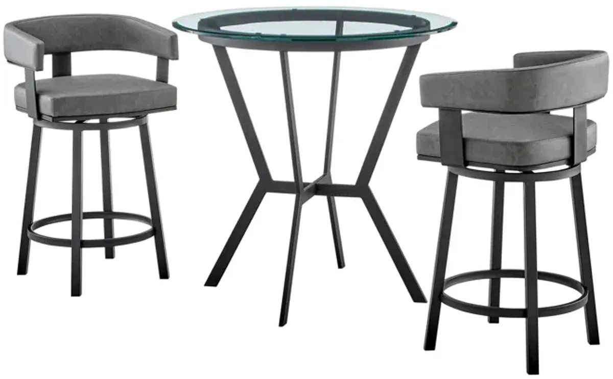 Aliya 3 Piece Counter Height Round Bar Dining Set, Black, Gray Leather - Benzara