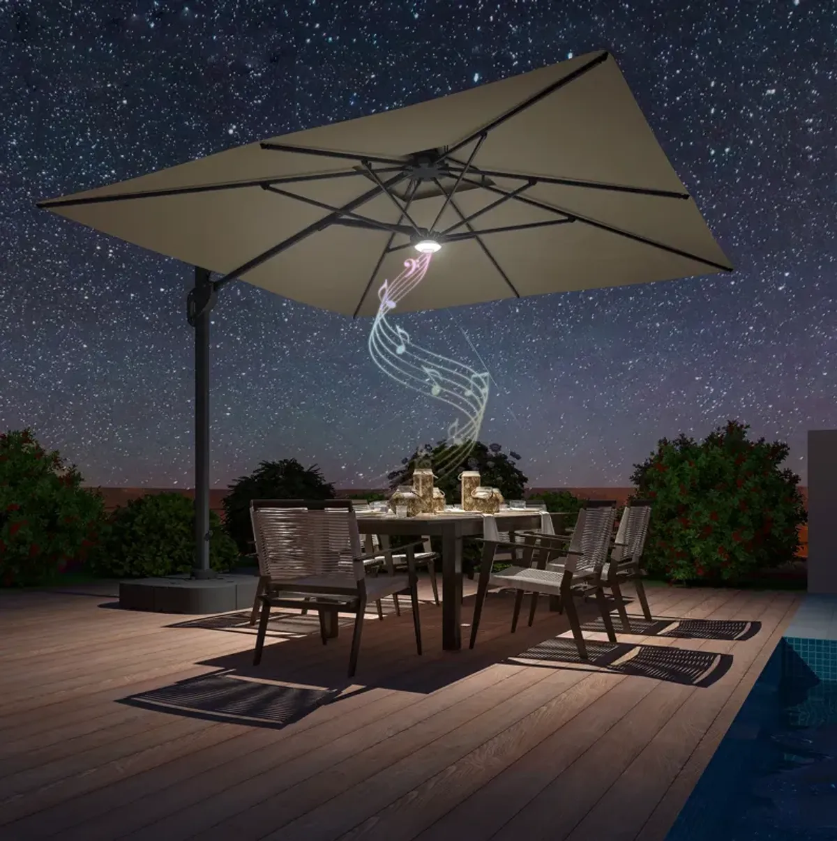 MONDAWE 10ft Square Solar LED Offset Cantilever Outdoor Patio Umbrella with Built-in Bluetooth Speaker