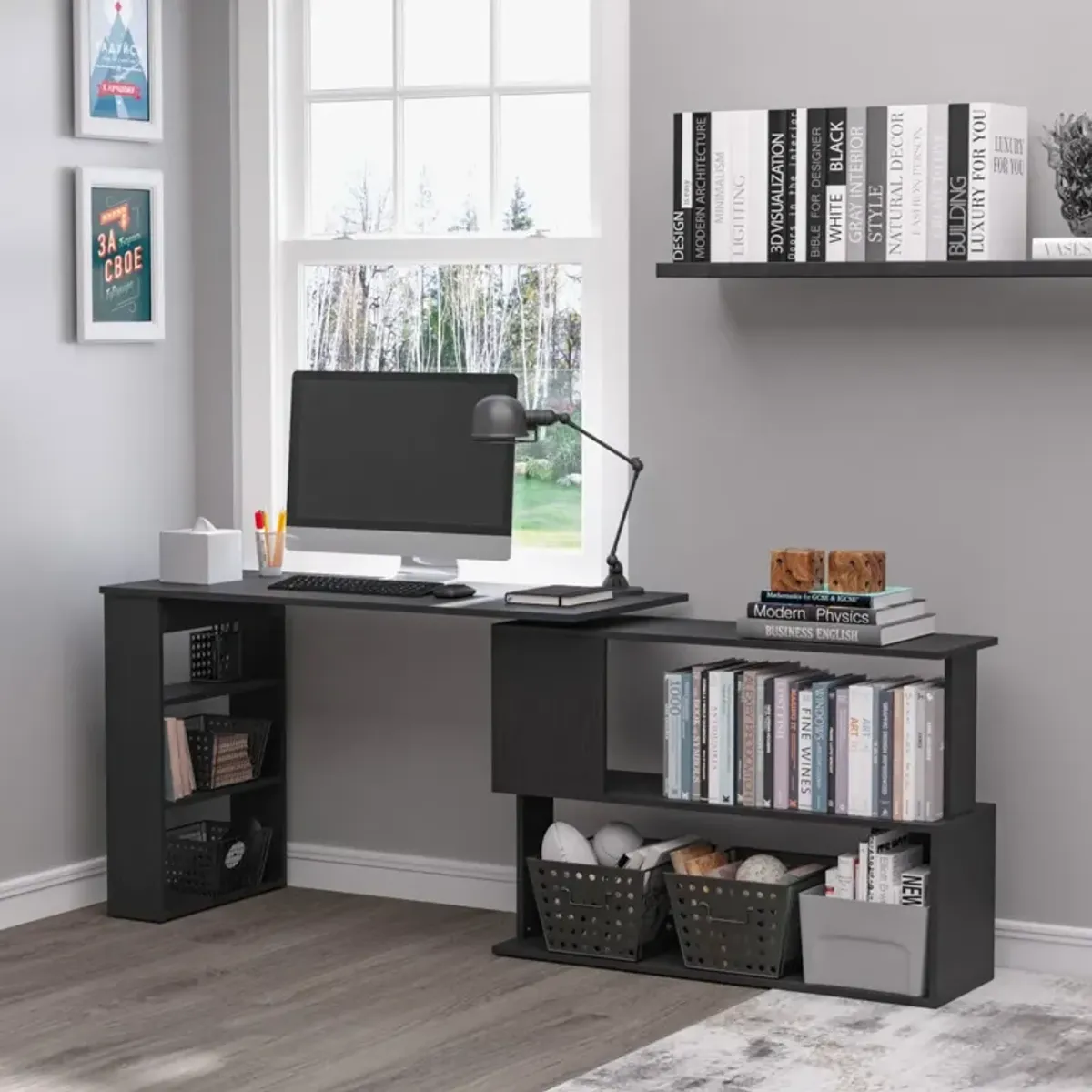 Black Home Office Solution: 360° Rotating L-Shaped Desk with Storage