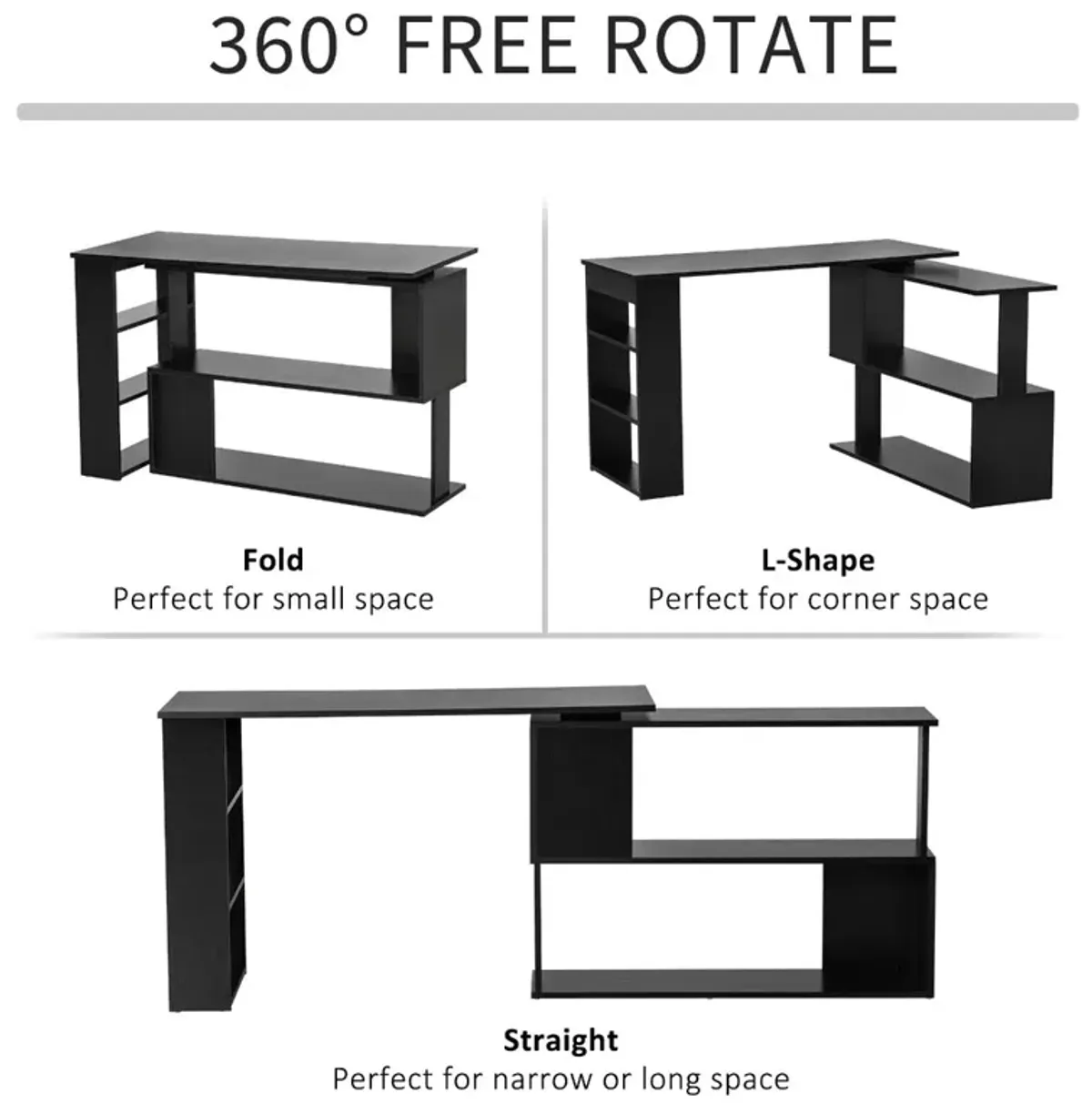 Black Home Office Solution: 360° Rotating L-Shaped Desk with Storage