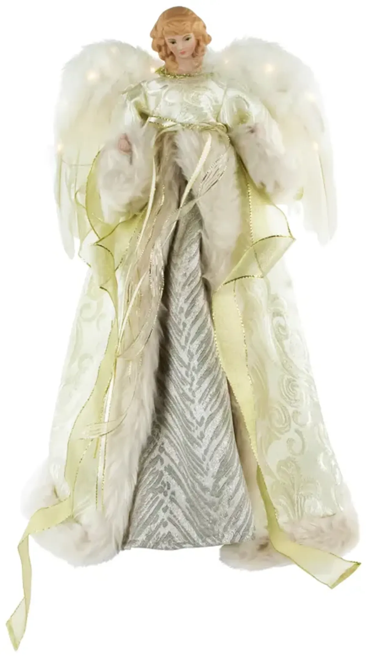 18" Lighted White and Gold Angel in a Dress Christmas Tree Topper - Warm White Lights