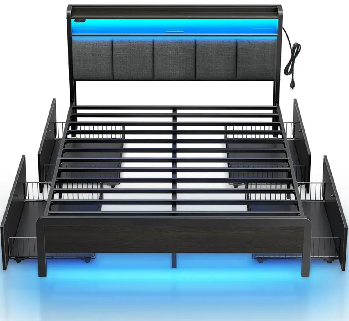 Bed Frame Queen Size With Charging Station And Led Lights, Upholstered Storage Headboard With Drawers, Heavy Duty Metal Slats, No Box Spring Needed, Noise Free, Easy Assembly, Dark Grey