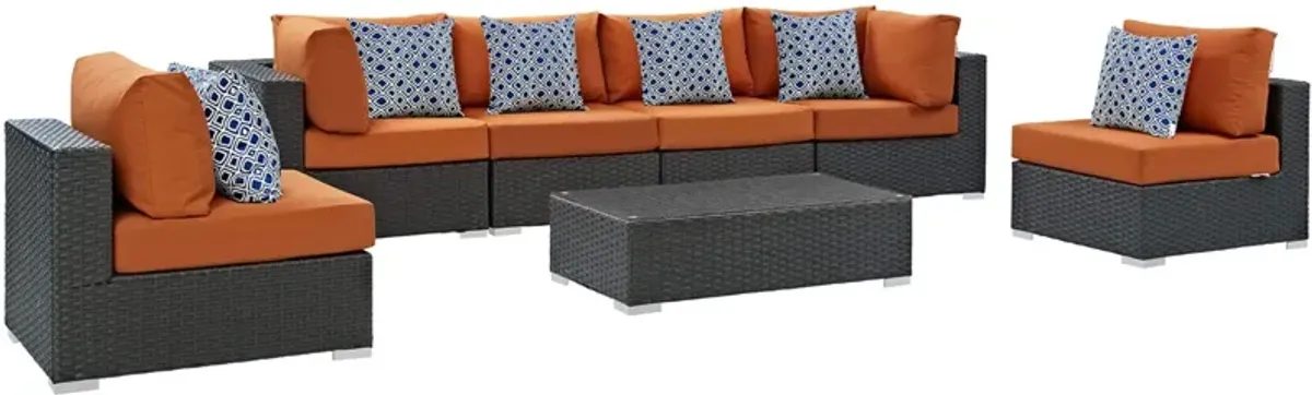 Sojourn Outdoor Patio Furniture Set - 7 Piece Sunbrella Sectional with Armless Chairs, Coffee Table, and Corners