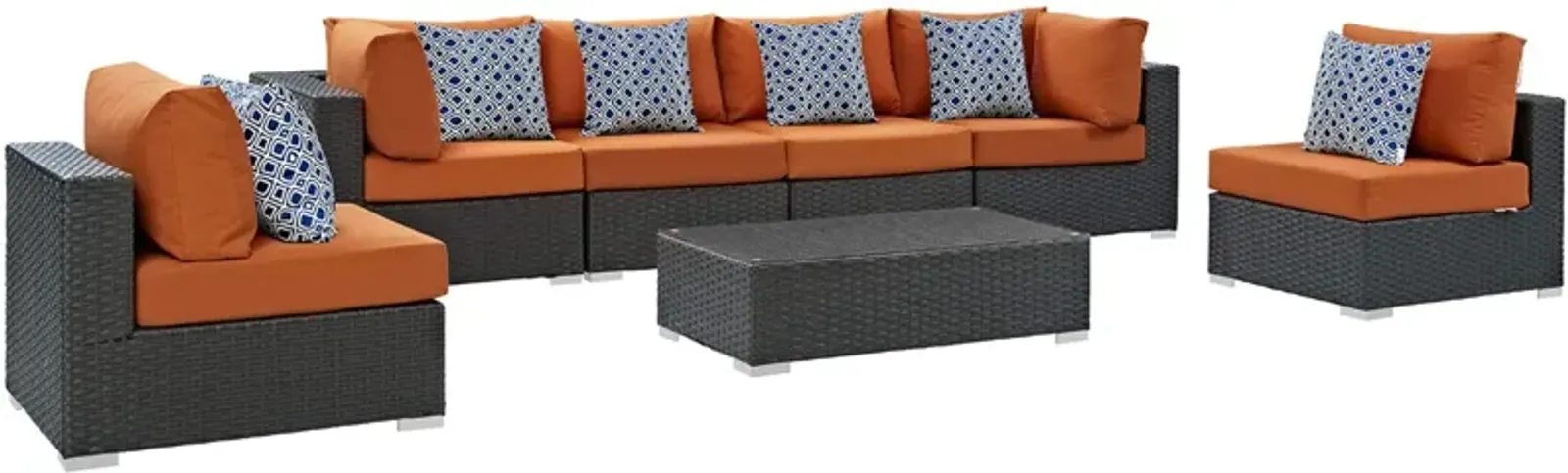 Sojourn Outdoor Patio Furniture Set - 7 Piece Sunbrella Sectional with Armless Chairs, Coffee Table, and Corners