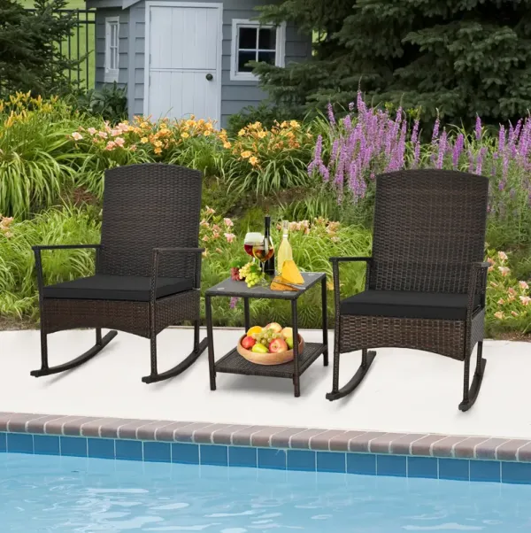 3 Piece Patio Rocking Set Wicker Rocking Chairs with 2-Tier Coffee Table