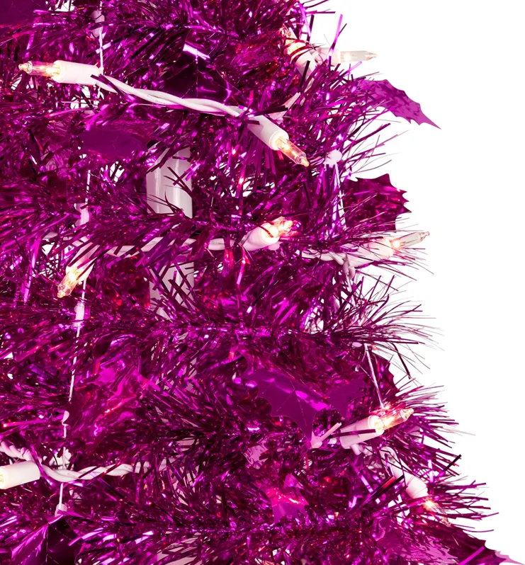 4' Pre-Lit Pink Tinsel Pop-Up Artificial Christmas Tree  Clear Lights