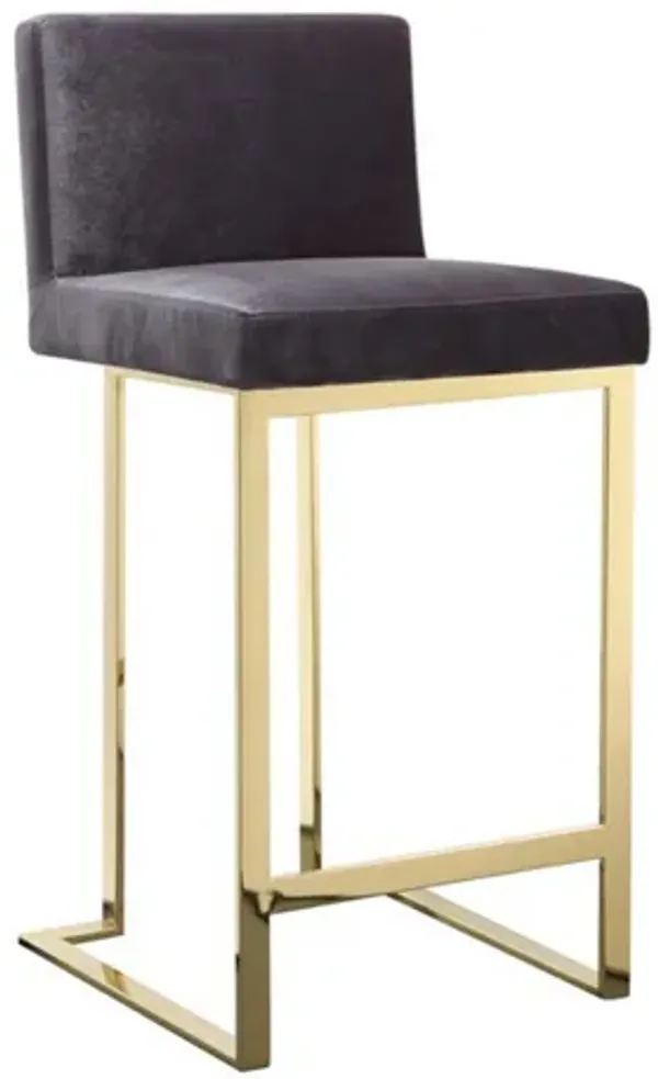 Boly 26 Inch Counter Stool Chair, Cushioned Gray Velvet, Gold Cantilever - Benzara