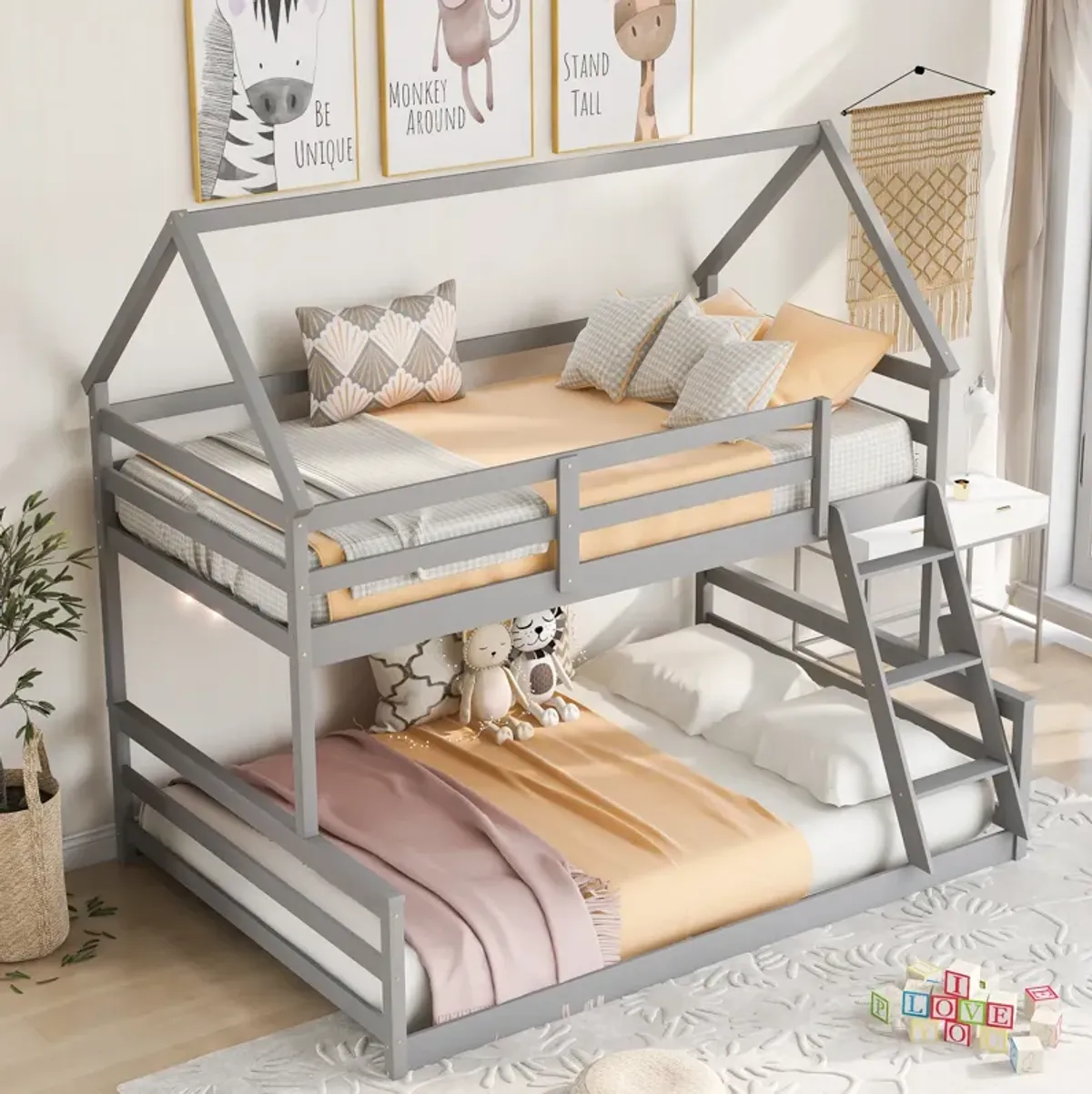 Whisen Wood Twin over Full House Bunk Bed with Built-in Ladder - White