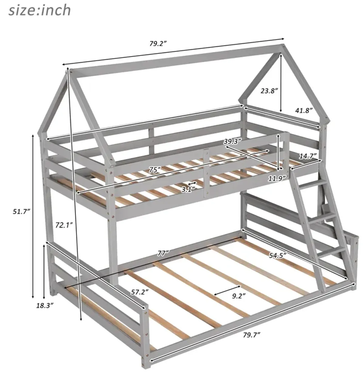 Whisen Wood Twin over Full House Bunk Bed with Built-in Ladder - White