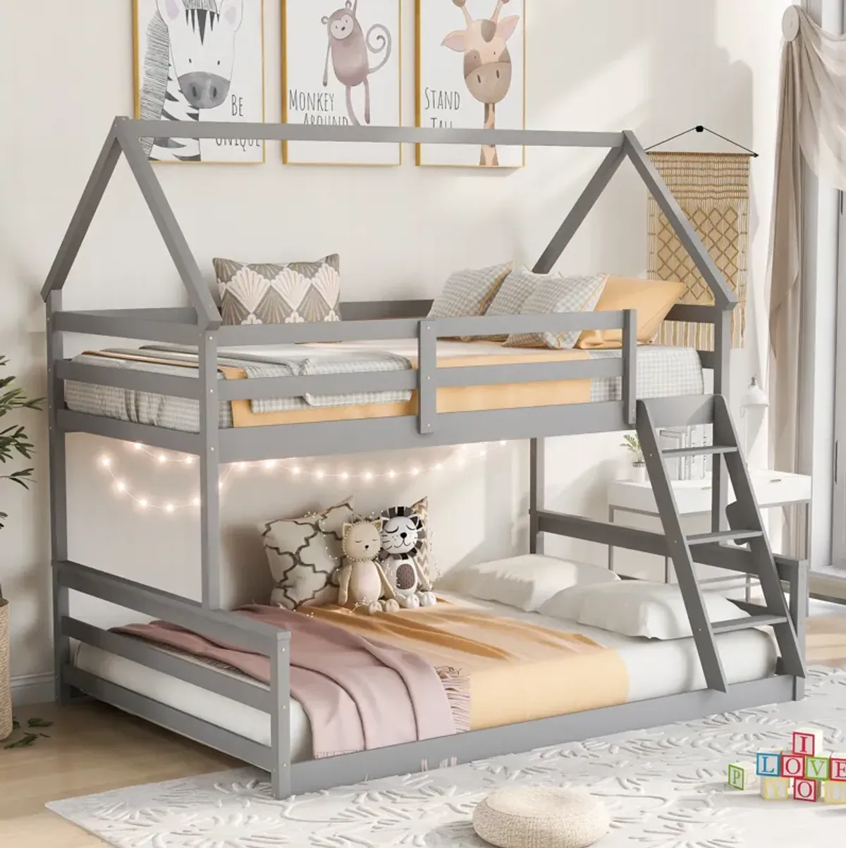Whisen Wood Twin over Full House Bunk Bed with Built-in Ladder - White