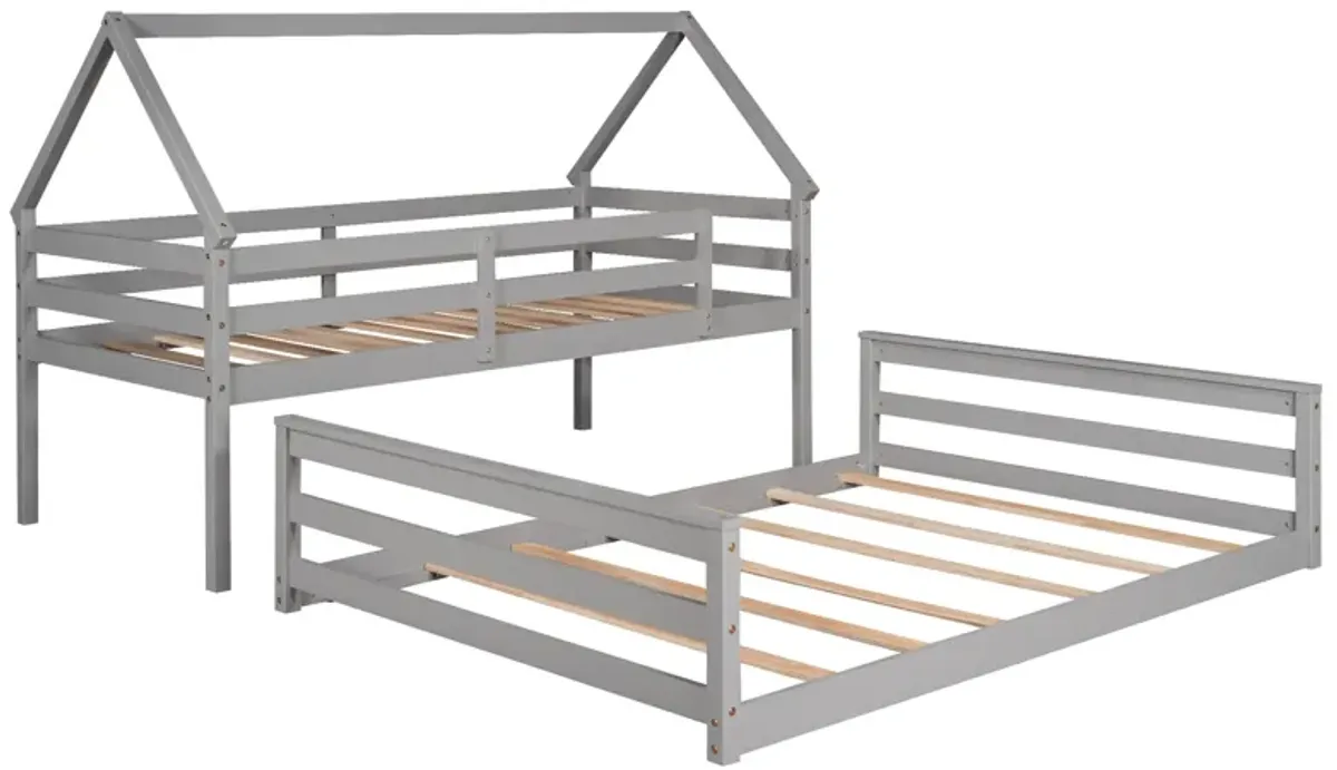Whisen Wood Twin over Full House Bunk Bed with Built-in Ladder - White