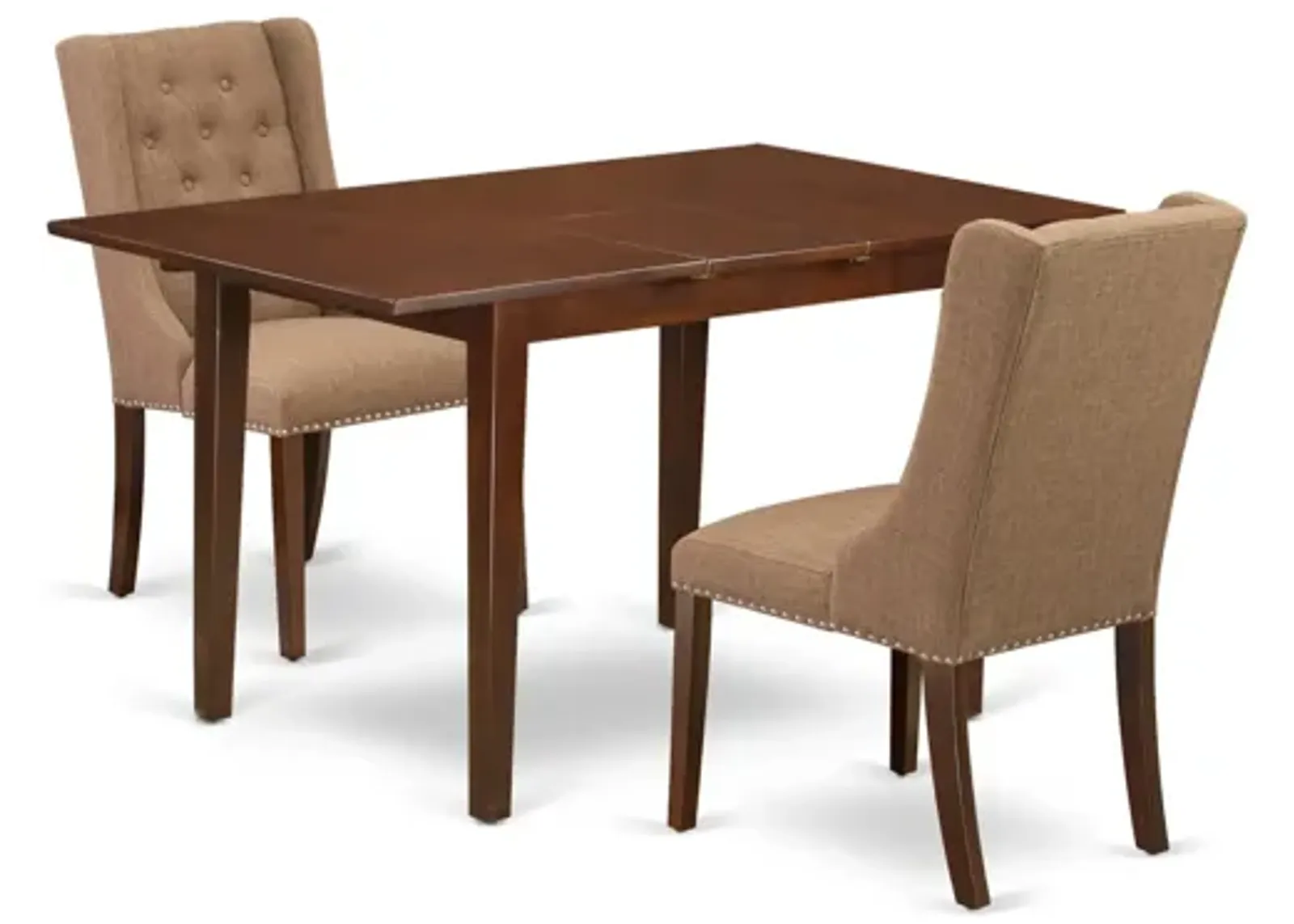 East West Furniture East West Furniture NFFO3-MAH-47 3-Piece Dinette Set Includes 1 Modern Butterfly Leaf Kitchen Table and 2 Light Sable Linen Fabric Dining Chairs with Button Tufted Back - Mahogany Finish