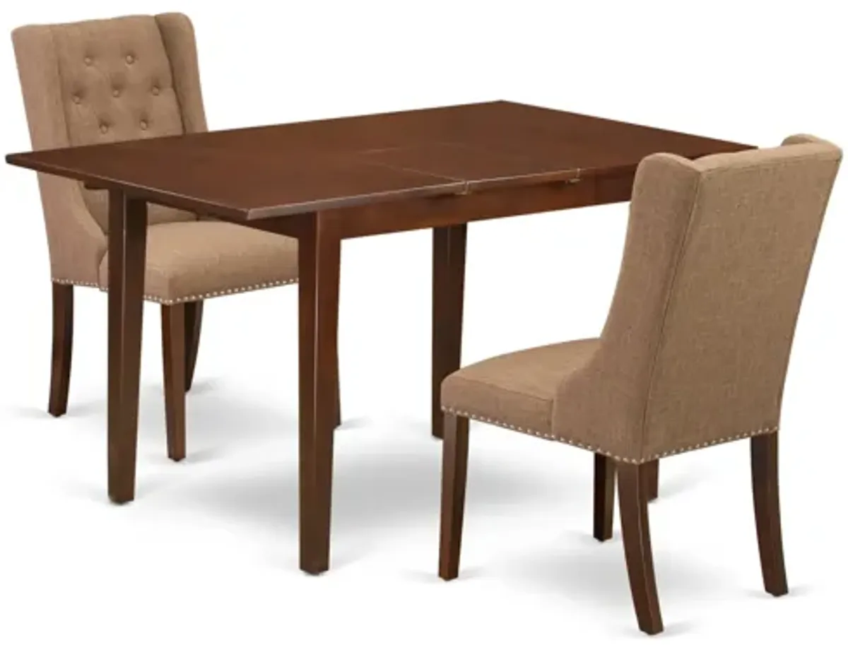 East West Furniture East West Furniture NFFO3-MAH-47 3-Piece Dinette Set Includes 1 Modern Butterfly Leaf Kitchen Table and 2 Light Sable Linen Fabric Dining Chairs with Button Tufted Back - Mahogany Finish