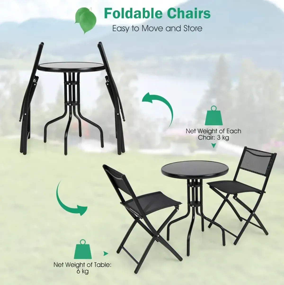 3 Pieces Folding Bistro Table Chairs Set for Indoor and Outdoor