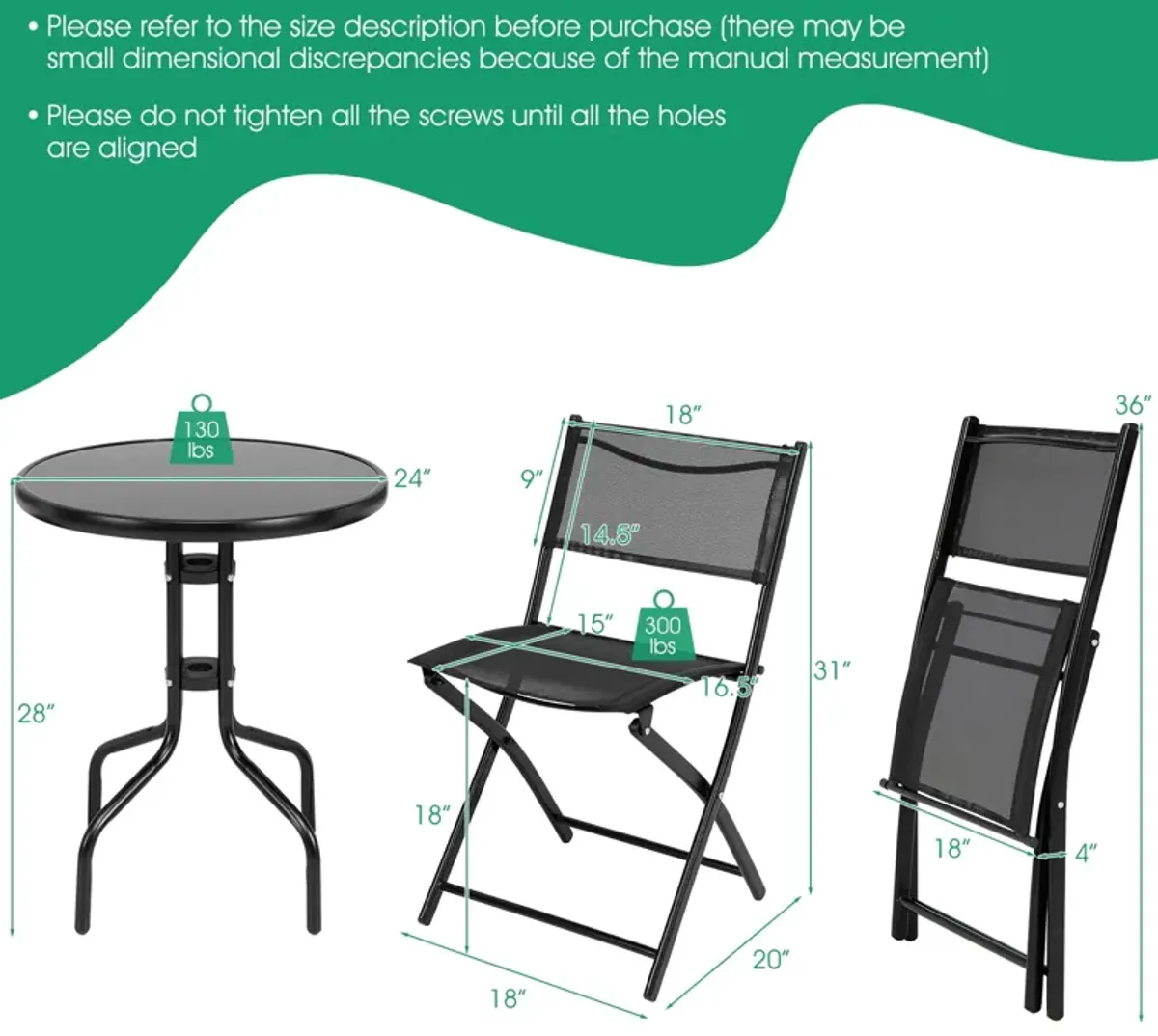 3 Pieces Folding Bistro Table Chairs Set for Indoor and Outdoor