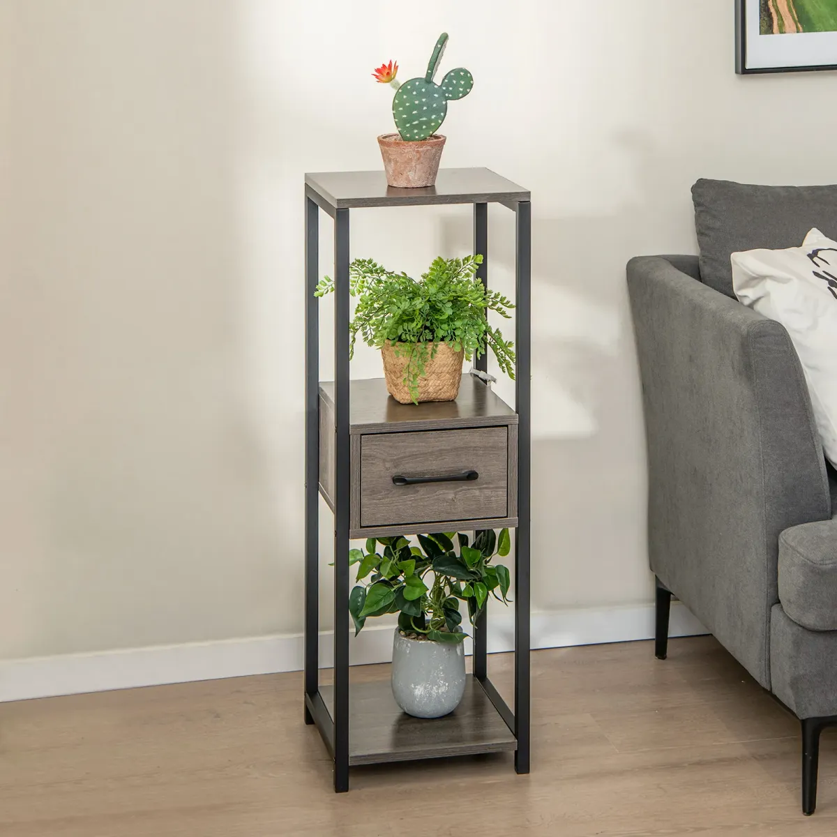 3 Tier Tall Metal Plant Stand with Drawer for Balcony Office-Grey