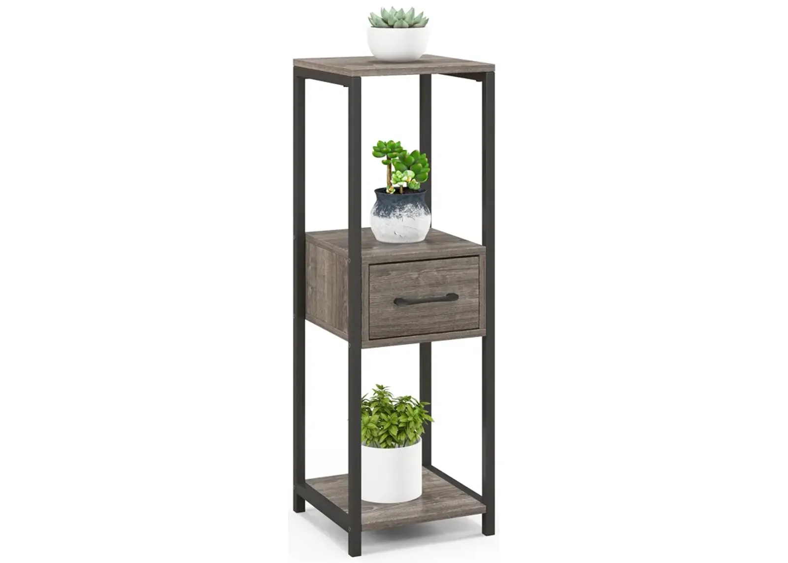 3 Tier Tall Metal Plant Stand with Drawer for Balcony Office-Grey