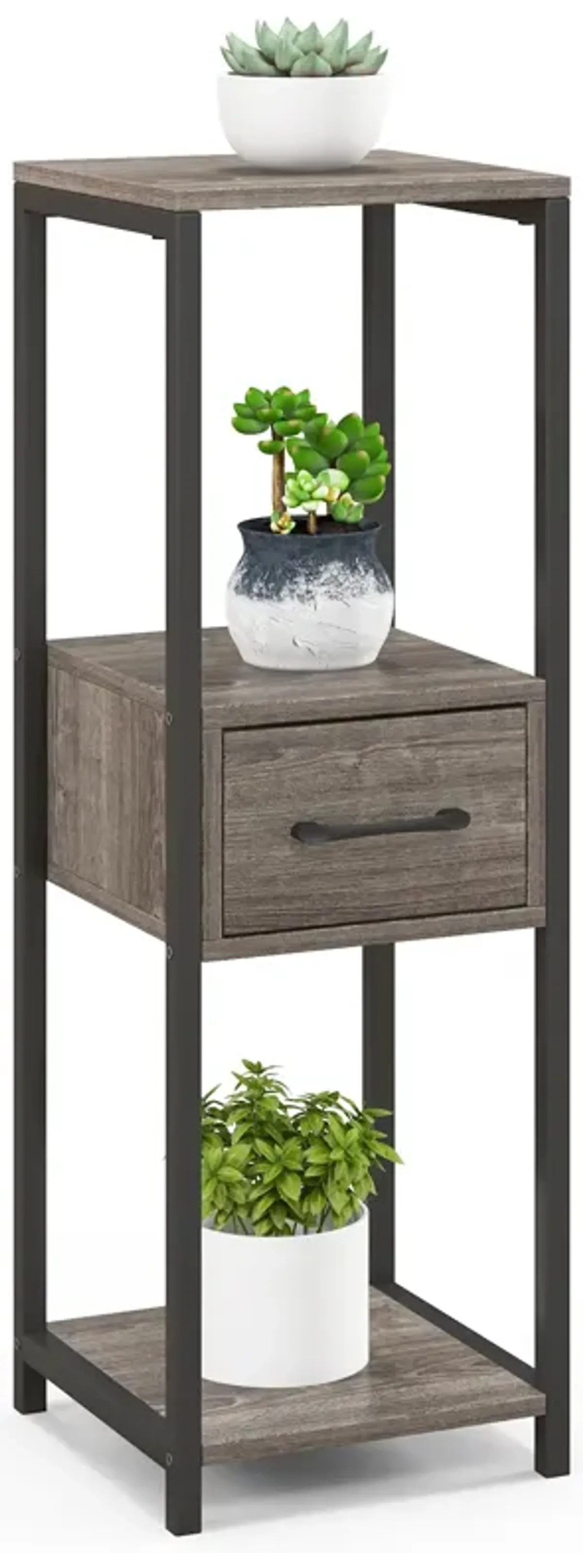 3 Tier Tall Metal Plant Stand with Drawer for Balcony Office-Grey