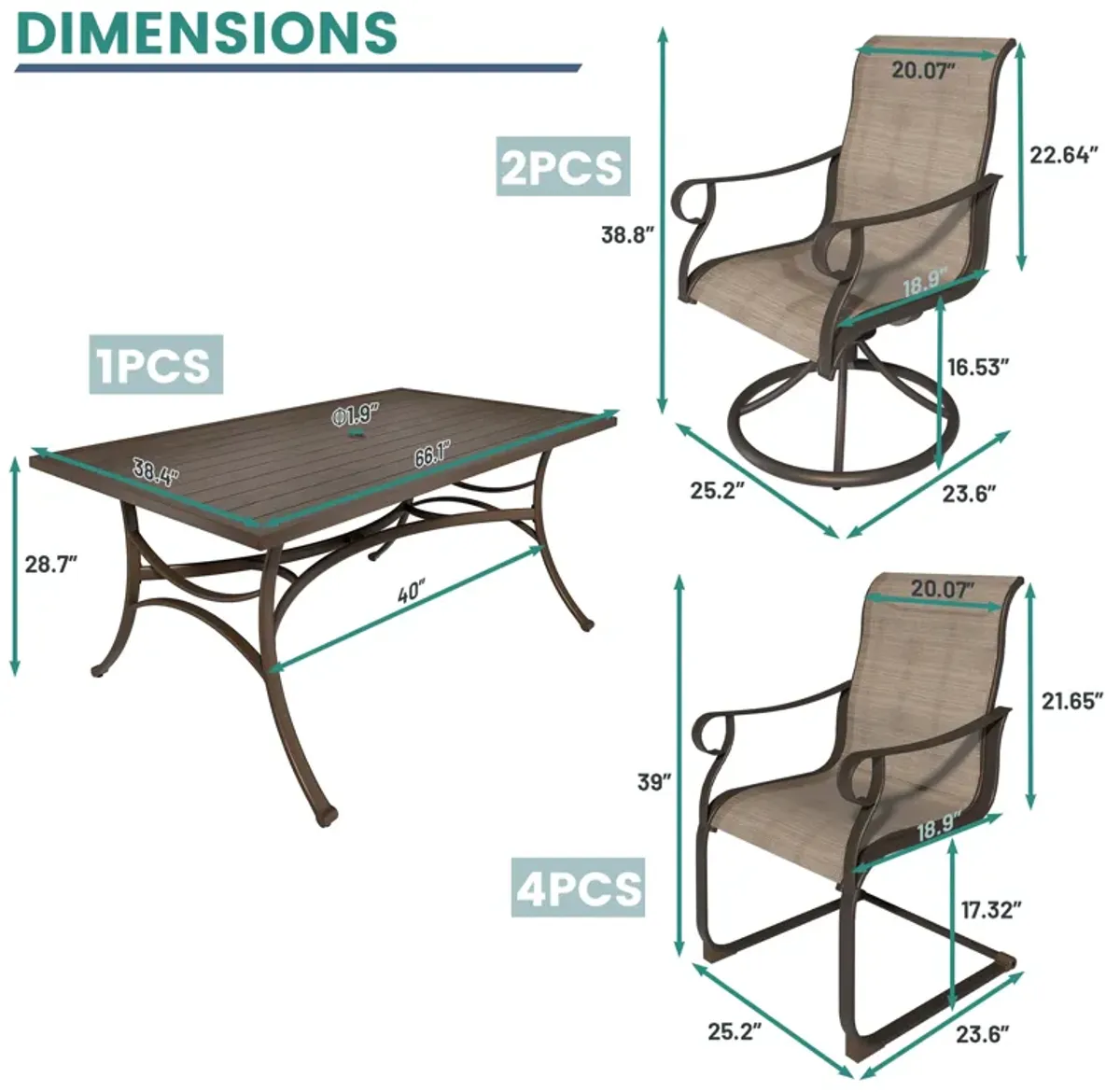 MONDAWE 7-Piece Steel Table And Steel Textiliene Dining Chair Set With 2 Swivel Chair And 2 Spring Chairs