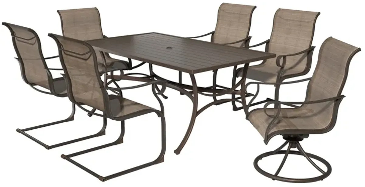 MONDAWE 7-Piece Steel Table And Steel Textiliene Dining Chair Set With 2 Swivel Chair And 2 Spring Chairs