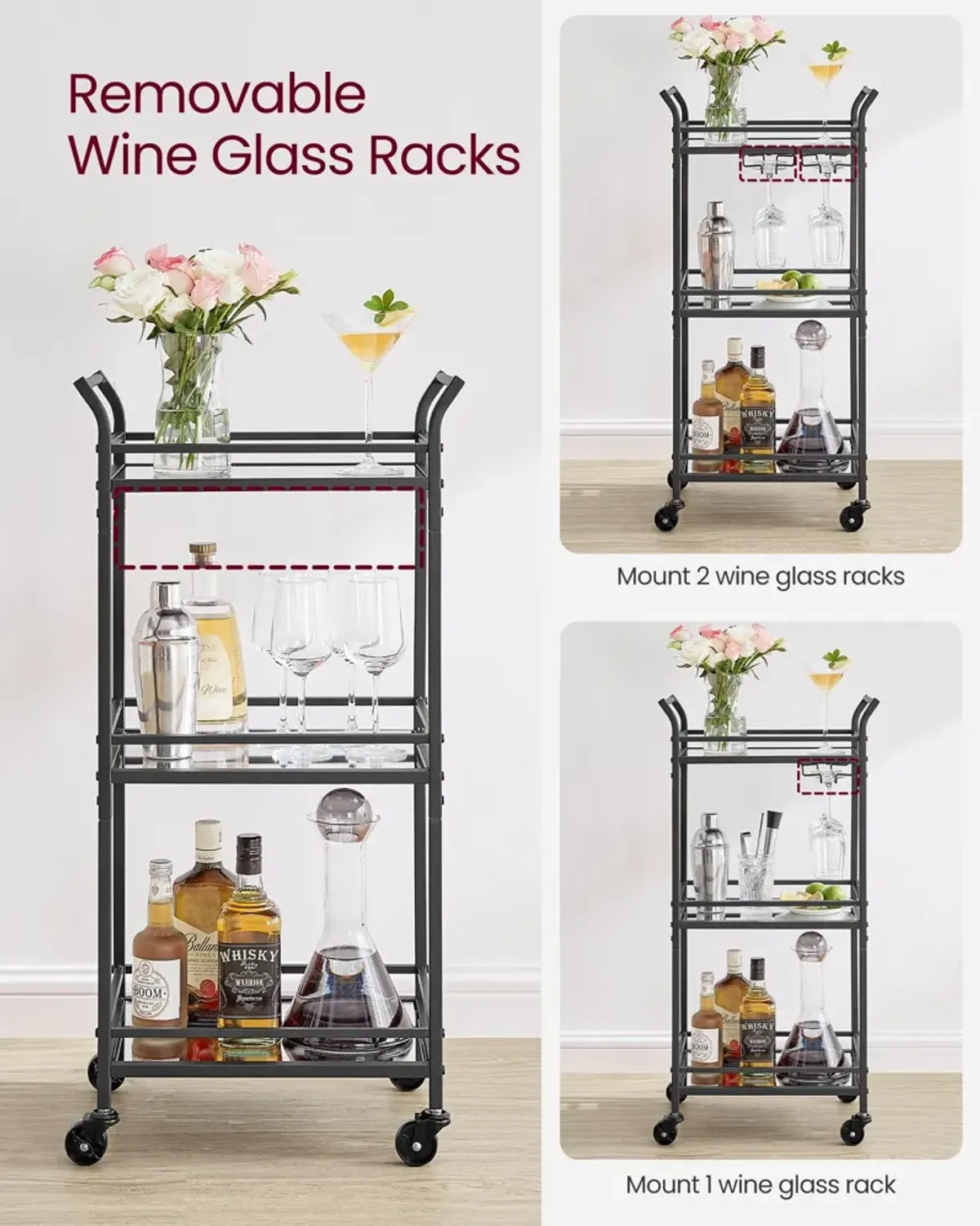 Small Bar Cart with 3-Tier Mirrored Shelves – Elegant Mobile Drink Station for Entertaining