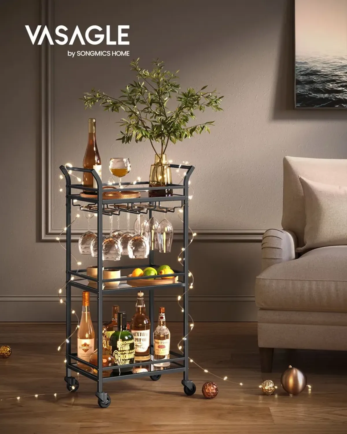 Small Bar Cart with 3-Tier Mirrored Shelves – Elegant Mobile Drink Station for Entertaining