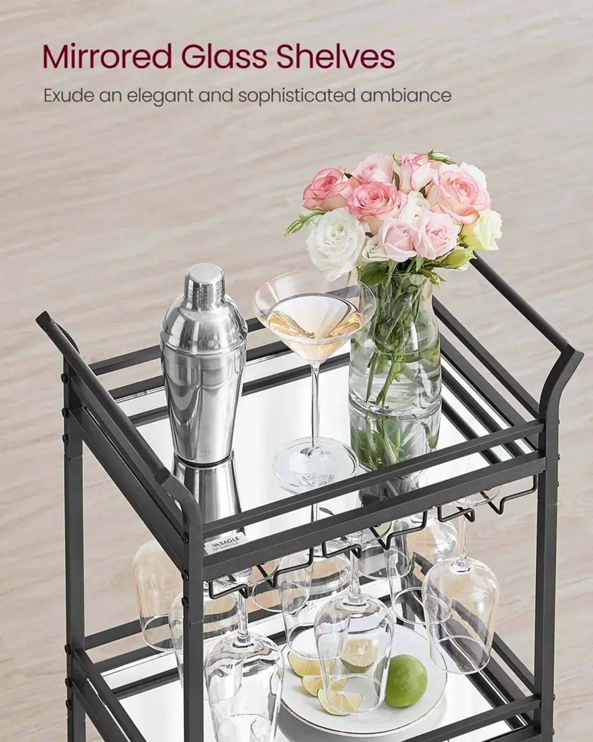 Small Bar Cart with 3-Tier Mirrored Shelves – Elegant Mobile Drink Station for Entertaining