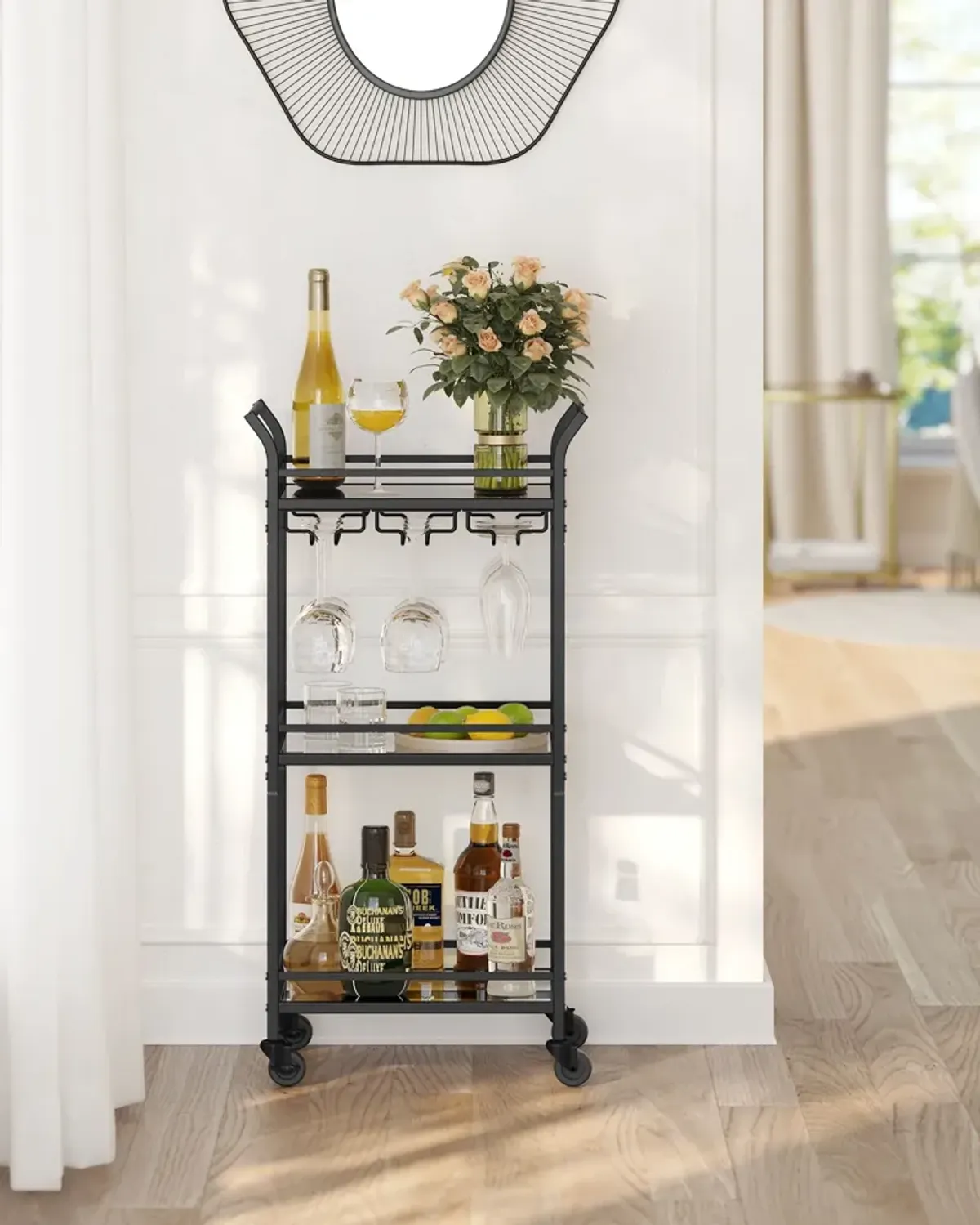 Small Bar Cart with 3-Tier Mirrored Shelves – Elegant Mobile Drink Station for Entertaining