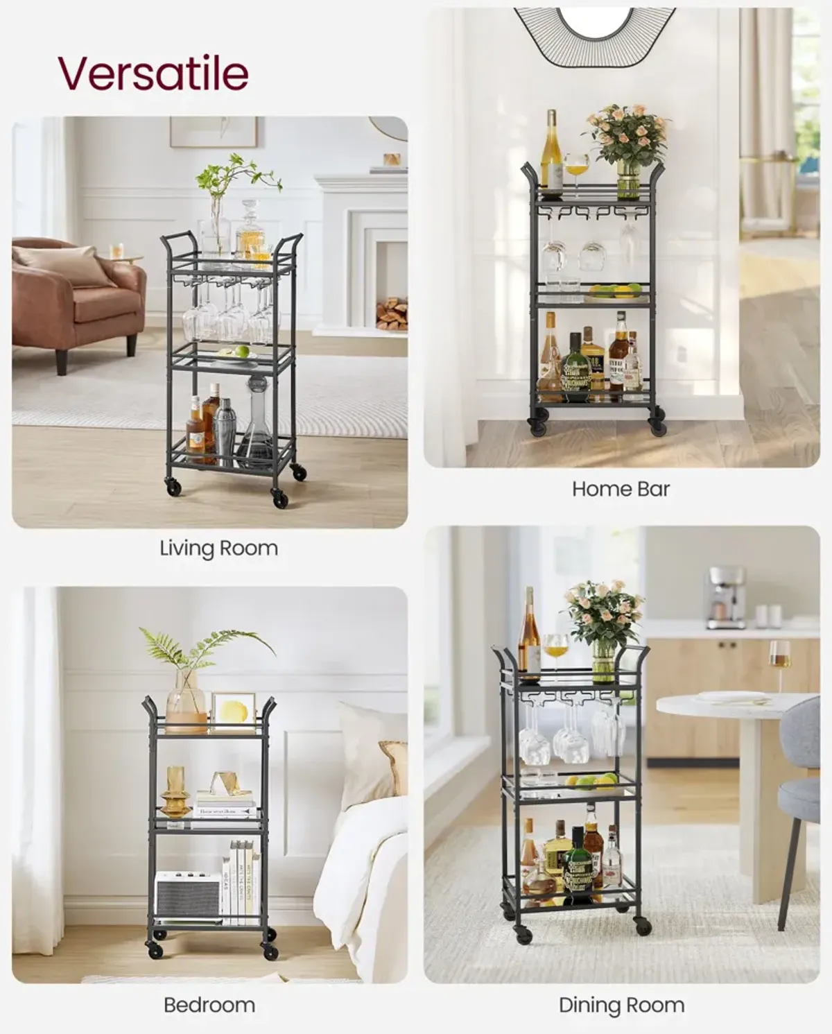 Small Bar Cart with 3-Tier Mirrored Shelves – Elegant Mobile Drink Station for Entertaining