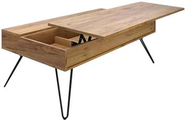 Che 47 Inch Lift Top Coffee Table, 5 Compartments, 2 Shelf Unit, Oak Brown-Benzara