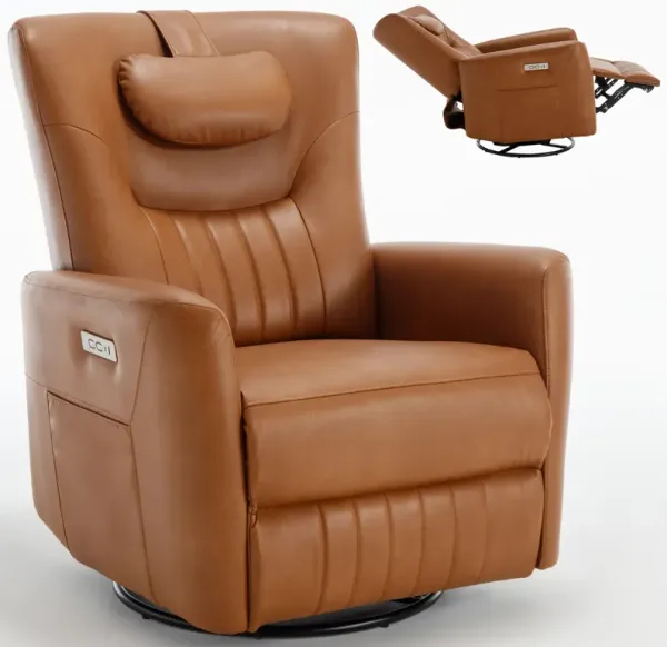 Beige Swivel and Rocker Power Recliner Chair with Lumbar and Neck Support Pillow, Heavy Duty Motion Mechanism with USB and Type-C Ports